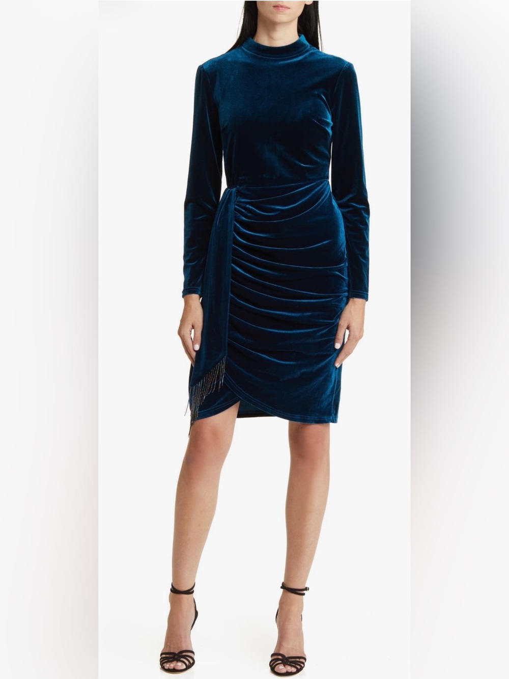 Tahari ASL Beaded Drape Long Sleeve Stretch Velvet Sheath Dress Size 14
